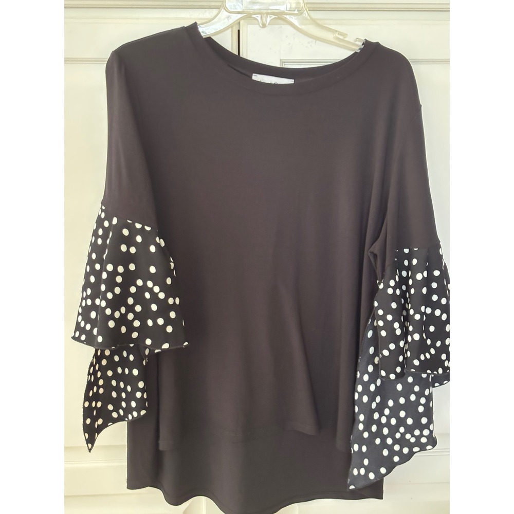 Joseph Ribkoff Black Top with White Polka Dot Ruffle Sleeves